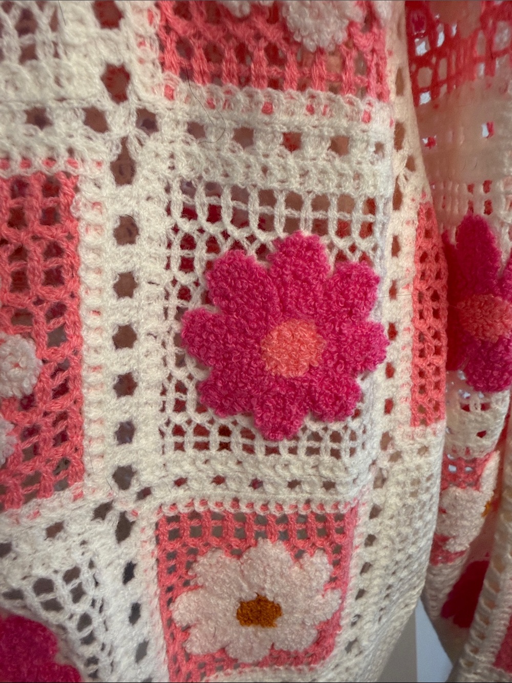 BiBi Cream Crochet Cardigan with Pink & Hot Pink Floral Squares - Picture 4 of 6